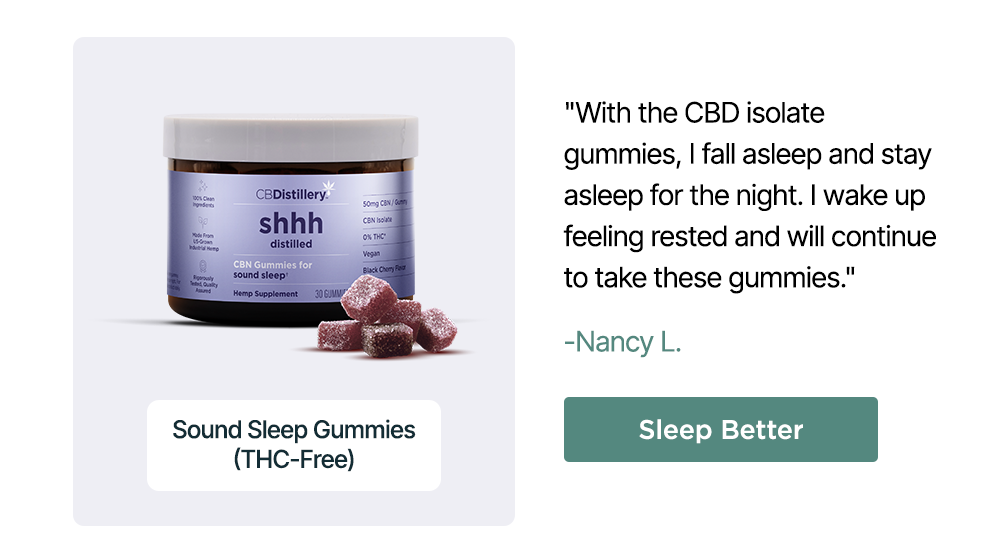 50mg CBN Sound Sleep Gummies (THC-Free): "With the CBD isolate gummies, I fall asleep and stay asleep for the night. I wake up feeling rested and will continue to take these gummies." - Nancy L. Sleep Better