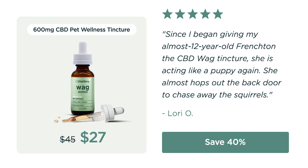 600mg CBD Pet Wellness Tincture: originally $45, now $27. "Since I began giving my almost-12-year-old Frenchton the CBD Wag tincture, she is acting like a puppy again. She almost hops out the back door to chase away the squirrels." - Lori O. Save 40%
