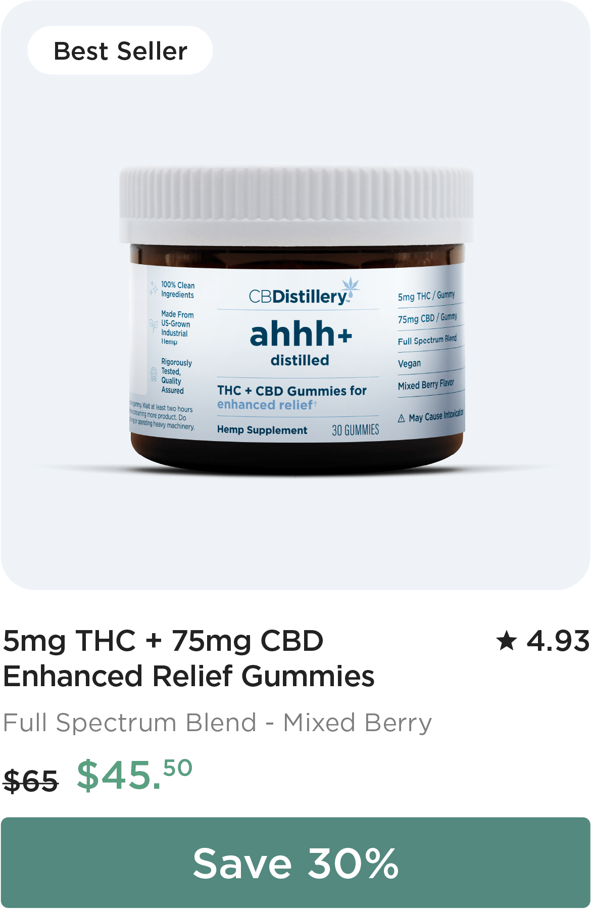 5mg THC + 75mg CBD Enhanced Relief Gummies,&nbsp;originally $65, now $45.50. Save 30%