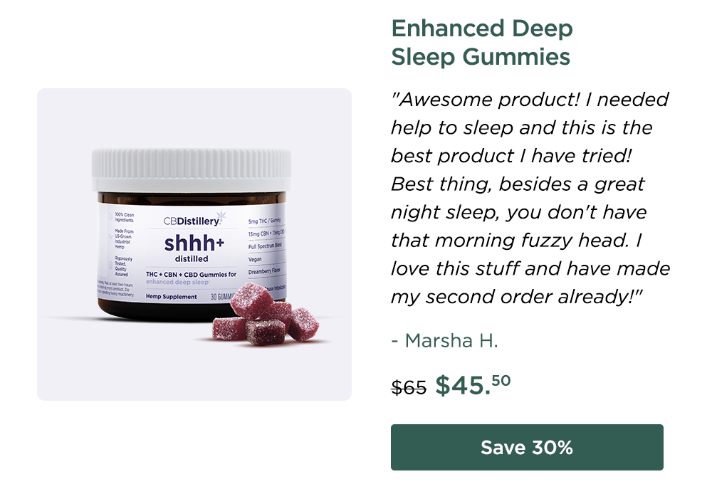 Enhanced Deep Sleep Gummies "Awesome product! I needed help to sleep and this is the best product I have tried! Best thing, besides a great night sleep, you don't have that morning fuzzy head. I love this stuff and have made my second order already!" - Marsha H. Originally $65; now $45.50. Save 30%