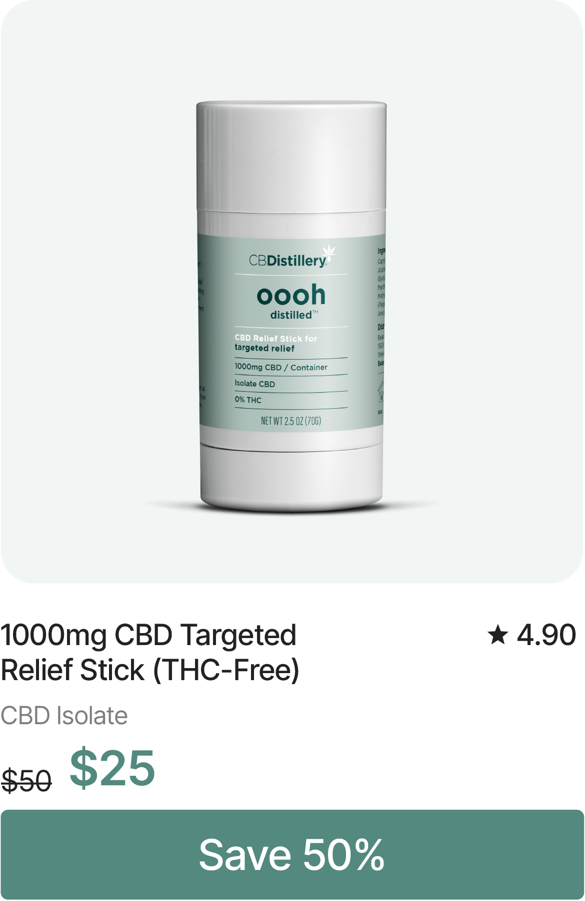 1000mg CBD Targeted Relief Stick (THC-Free), originally $50, now $25. Save 50%