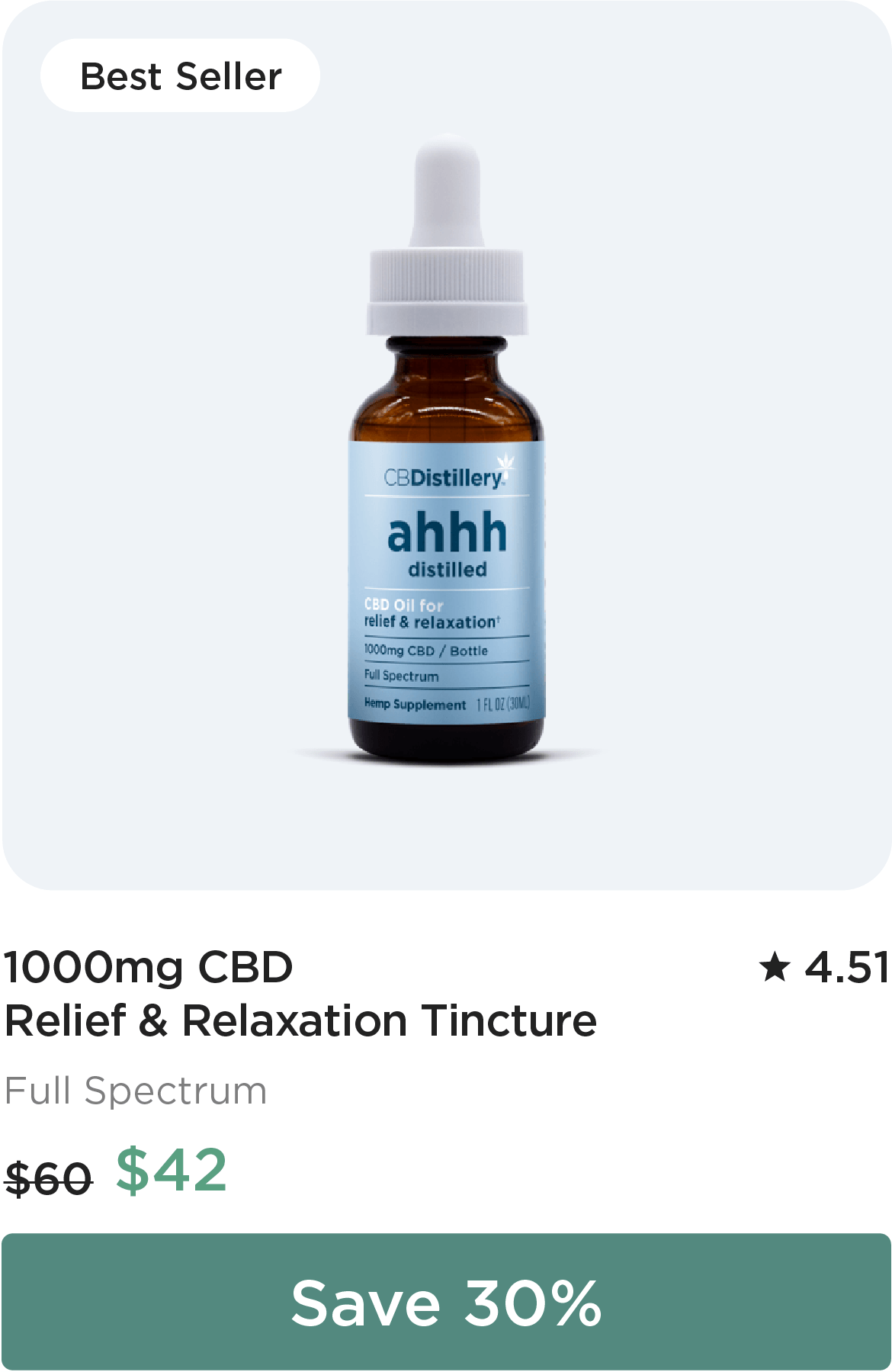 1000mg CBD Relief & Relaxation Tincture, originally $60, now $42. Save 30%