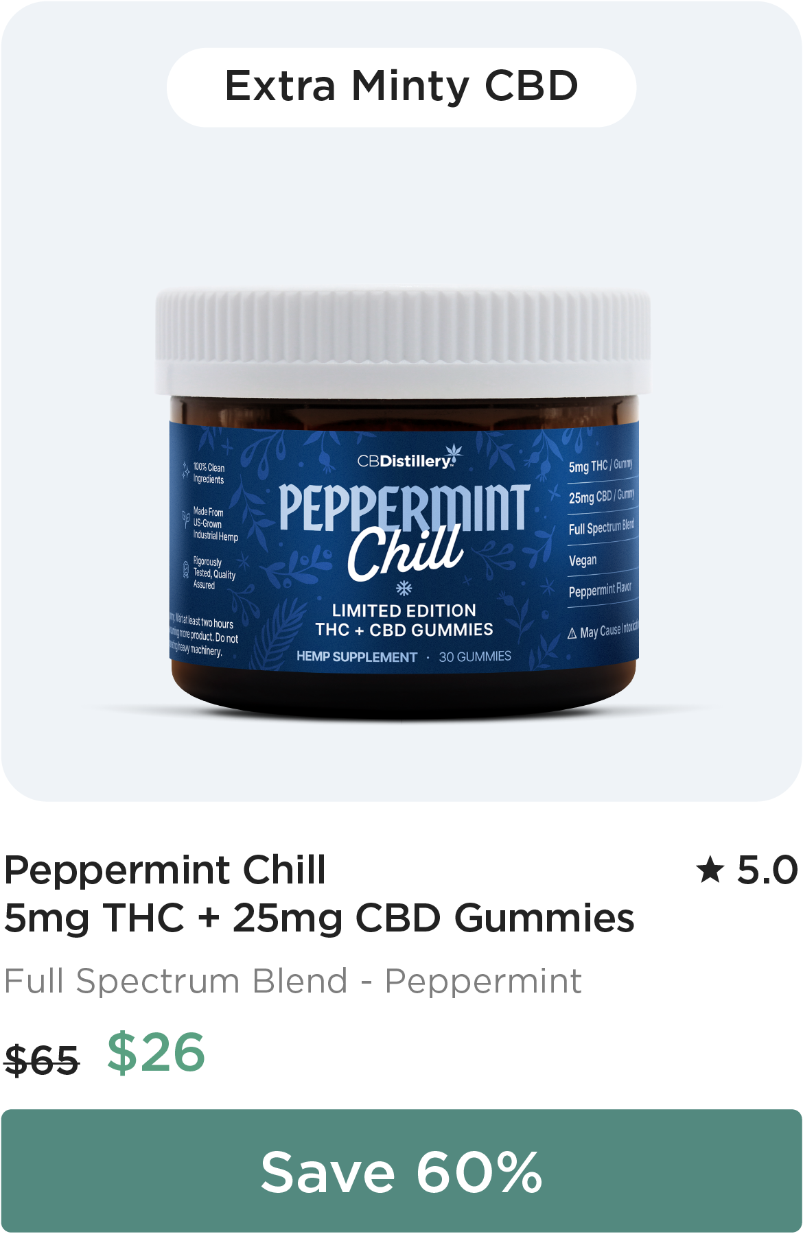 Extra MInty CBD: Peppermint Chill 5mg THC + 25mg CBD Gummies. Originally $65; now $26. Save 60%