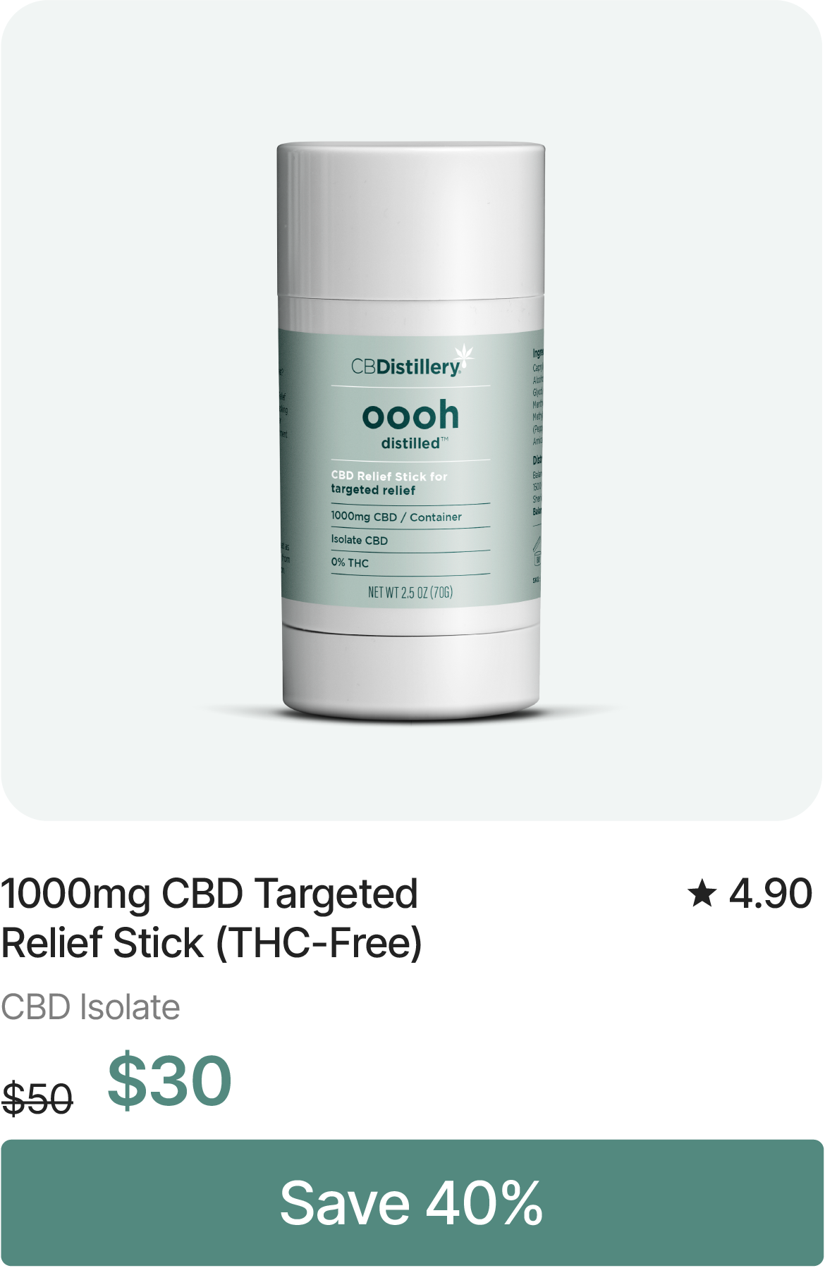 1000mg CBD Targeted Relief Stick (THC-Free), originally $50, now $30. Save 40%