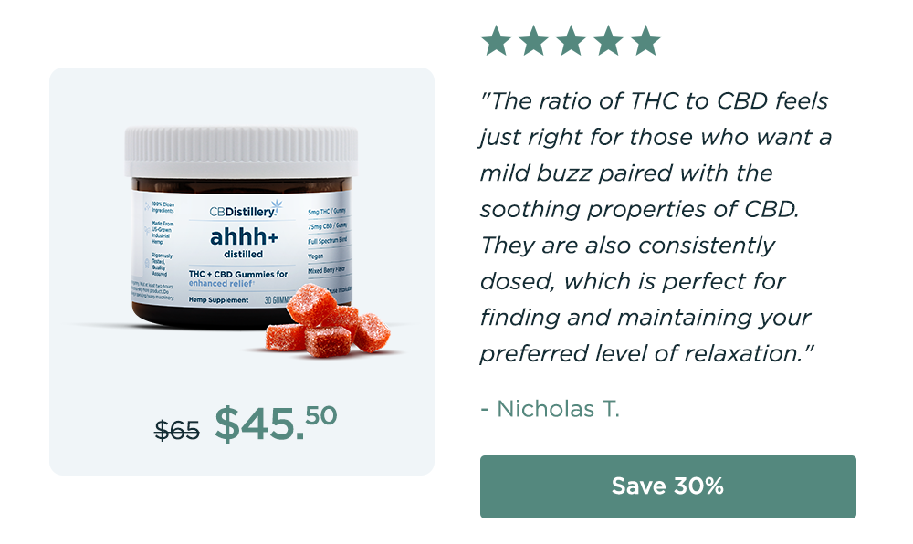 Enhanced Relief Gummies. Originally $65; now $45.50. "The ratio of THC to CBD feels just right for those who want a mild buzz paired with the soothing properties of CBD. They are also consistently dosed, which is perfect for finding and maintaining your preferred level of relaxation." - Nicholas T. Save 30%