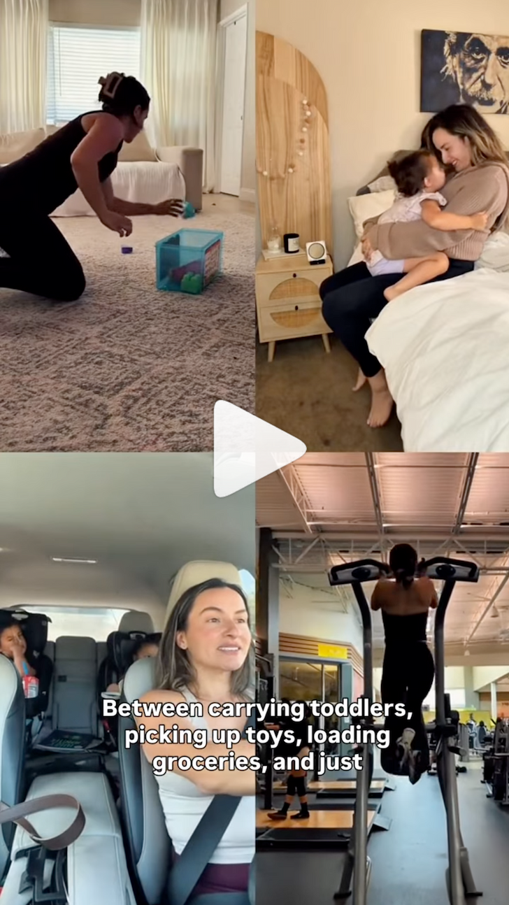 [A collage of photos shows stills from Cecily's Instagram video, including images of her holding a toddler, picking up her child's toys, driving her kids, and working out at the gym.]