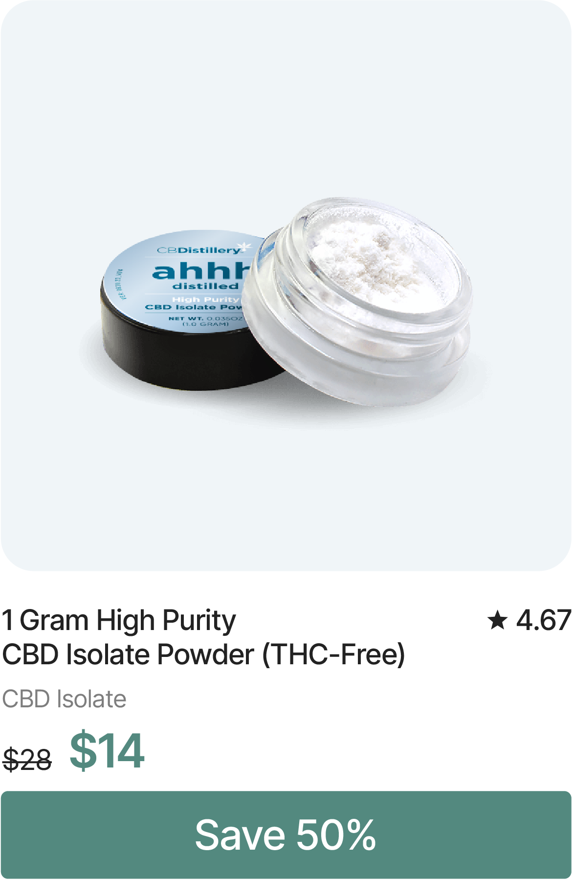 1 Gram High Purity CBD Isolate Powder (THC-Free), originally $28, now $14. Save 50%