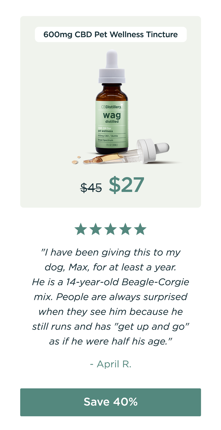 600mg CBD Pet Wellness Tincture: originally $45, now $27. "I have been giving this to my dog, Max, for at least a year. He is a 14-year-old Beagle-Corgie mix. People are always surprised when they see him because he still runs and has "get up and go" as if he were half his age." - April R. Save 40% 600mg CBD Pet Wellness Tincture: originally $45, now $27. "I have been giving this to my dog, Max, for at least a year. He is a 14-year-old Beagle-Corgie mix. People are always surprised when they see him because he still runs and has "get up and go" as if he were half his age." - April R. Save 40%
