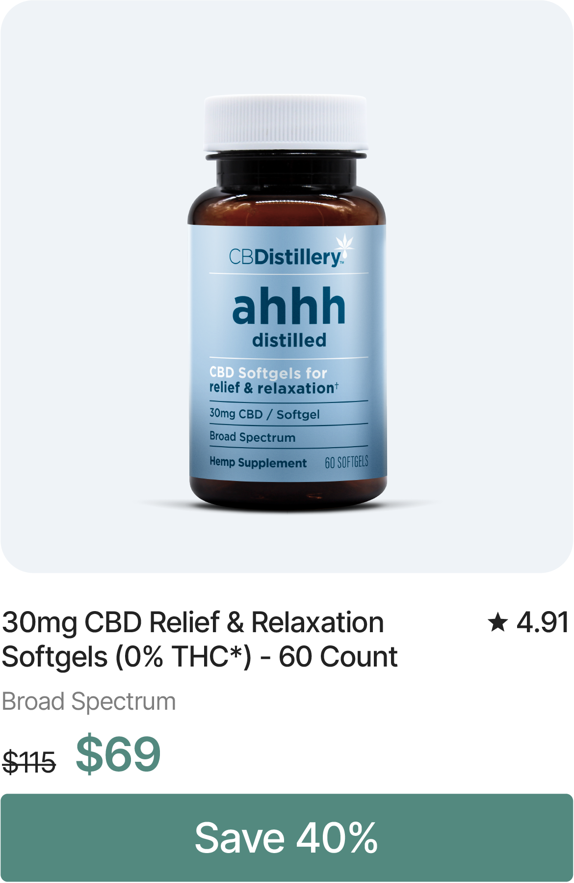 30mg CBD Relief & Relaxation Softgels (0% THC*) - 60 Count. Originally $115, now $69. Save 40%