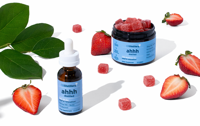 [a photo shows several CBDistillery products on a white background with strawberry slices. All CBDistillery products are on sale up to 60% off, but only through 11:59 p.m. MT tonight!]