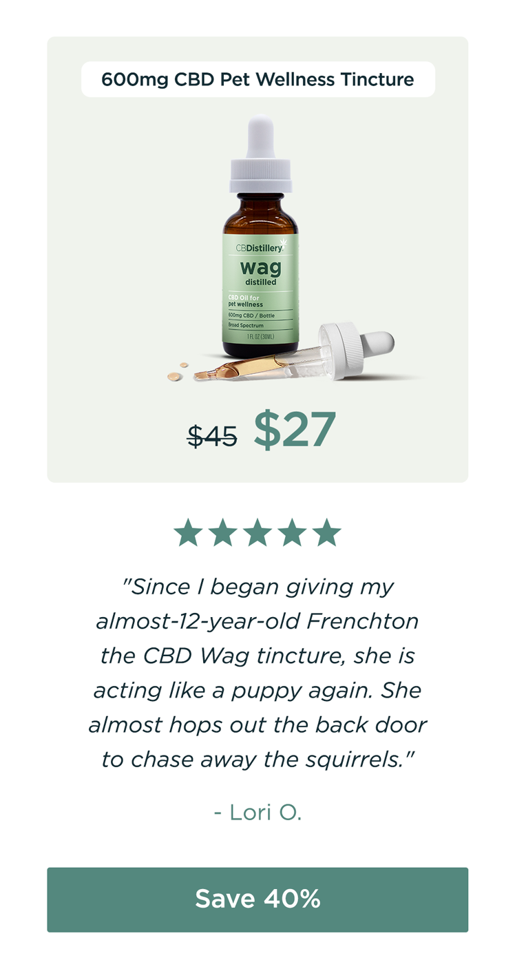 600mg CBD Pet Wellness Tincture: originally $45, now $27. "Since I began giving my almost-12-year-old Frenchton the CBD Wag tincture, she is acting like a puppy again. She almost hops out the back door to chase away the squirrels." - Lori O. Save 40% 600mg CBD Pet Wellness Tincture: originally $45, now $27. "Since I began giving my almost-12-year-old Frenchton the CBD Wag tincture, she is acting like a puppy again. She almost hops out the back door to chase away the squirrels." - Lori O. Save 40%