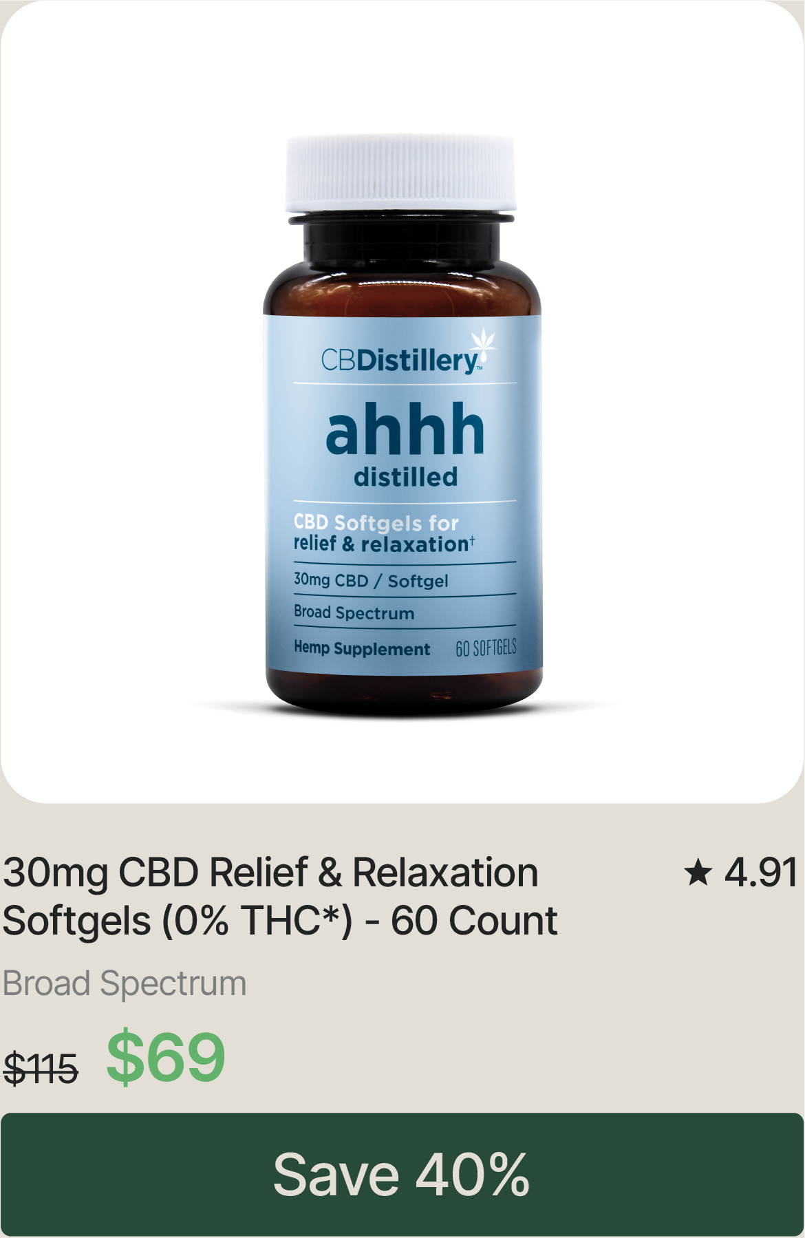 30mg CBD Relief & Relaxation Softgels (0% THC*) - 60 Count, originally $115, now $69. Save 40%