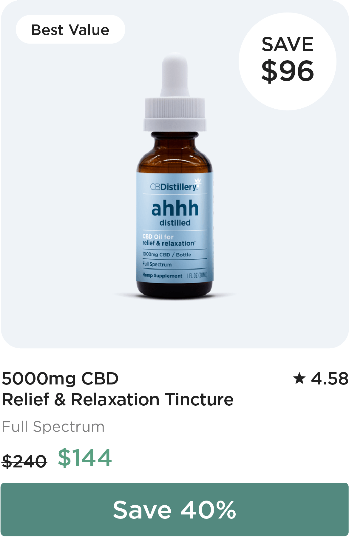 5000mg CBD Relief & Relaxation Tincture, originally $240, now $144 - $96 off! Save 40%