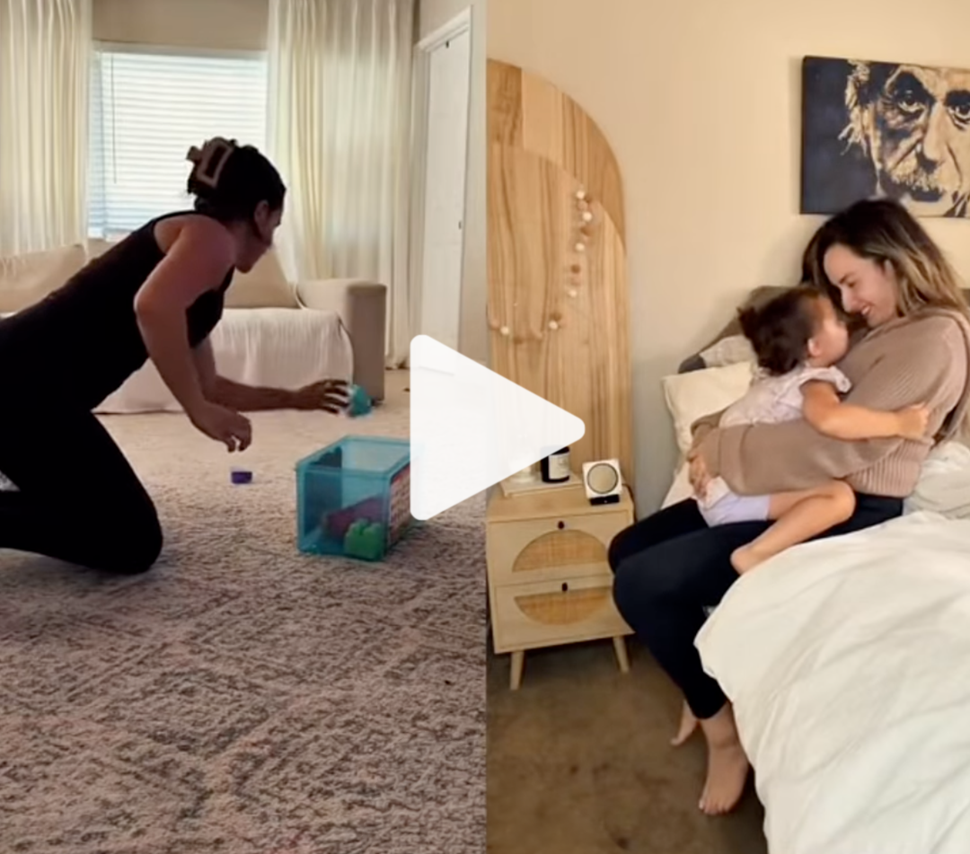 [A collage of photos shows stills from Cecily's Instagram video, including images of her holding a toddler and picking up her child's toys.]