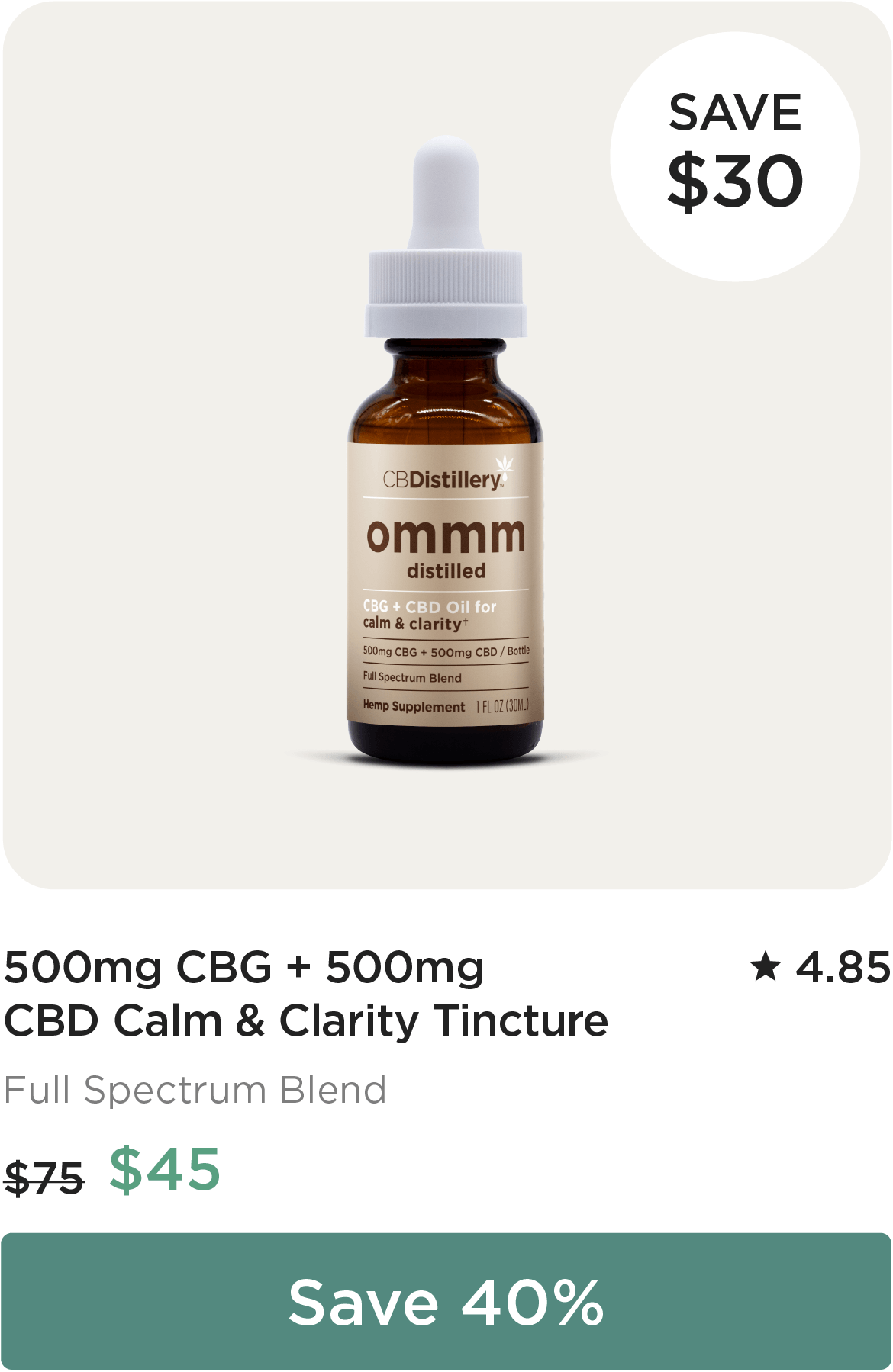 500mg CBG + 500mg CBD Calm & Clarity Tincture, originally $75, now $45 - $30 off! Save 40%
