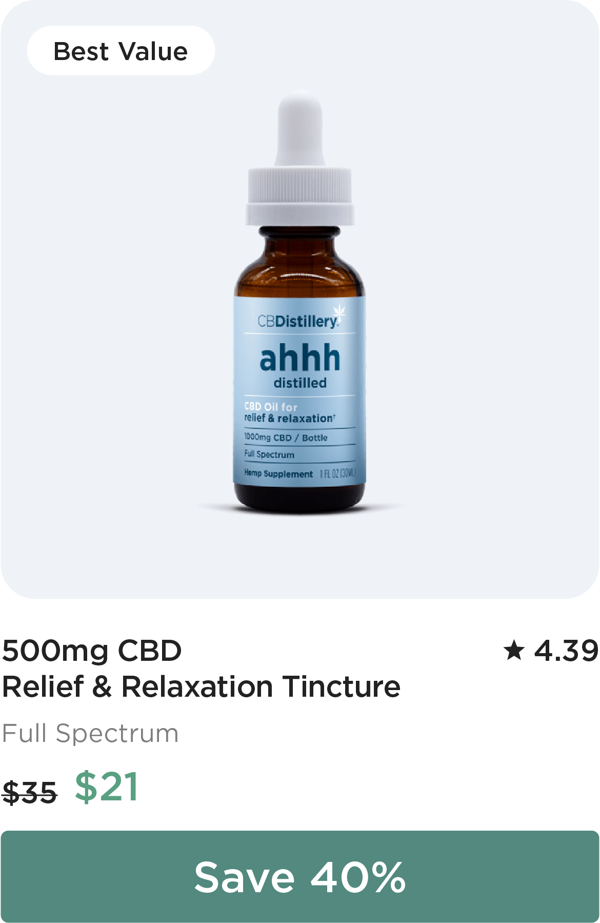 500mg CBD Relief & Relaxation Tincture, originally $35, now $21. Save 40%