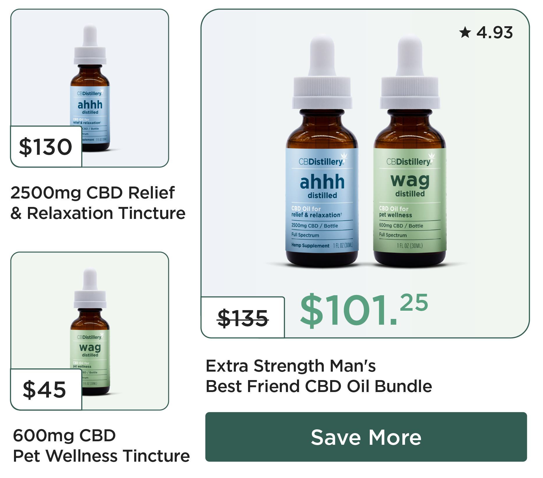 Individual Products: 2500mg CBD Relief & Relaxation Tincture, $130, and 600mg CBD Pet Wellness Tincture, $45. Extra Strength Man's Best Friend CBD Oil Bundle with both products: originally $135, now $101.25. Save More