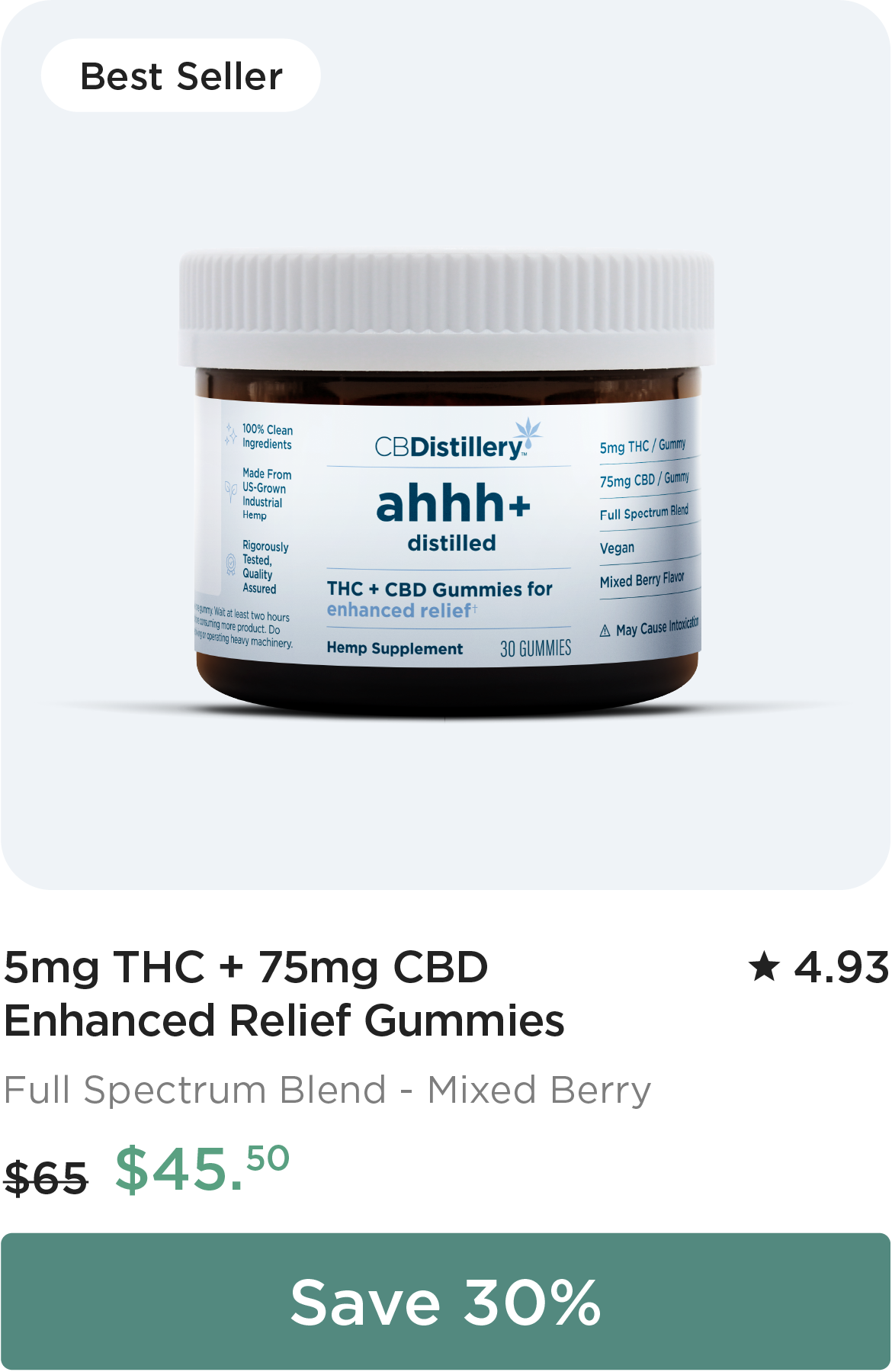 5mg THC + 75mg CBD Enhanced Relief Gummies. Originally $65; now $45.50. Save 30%