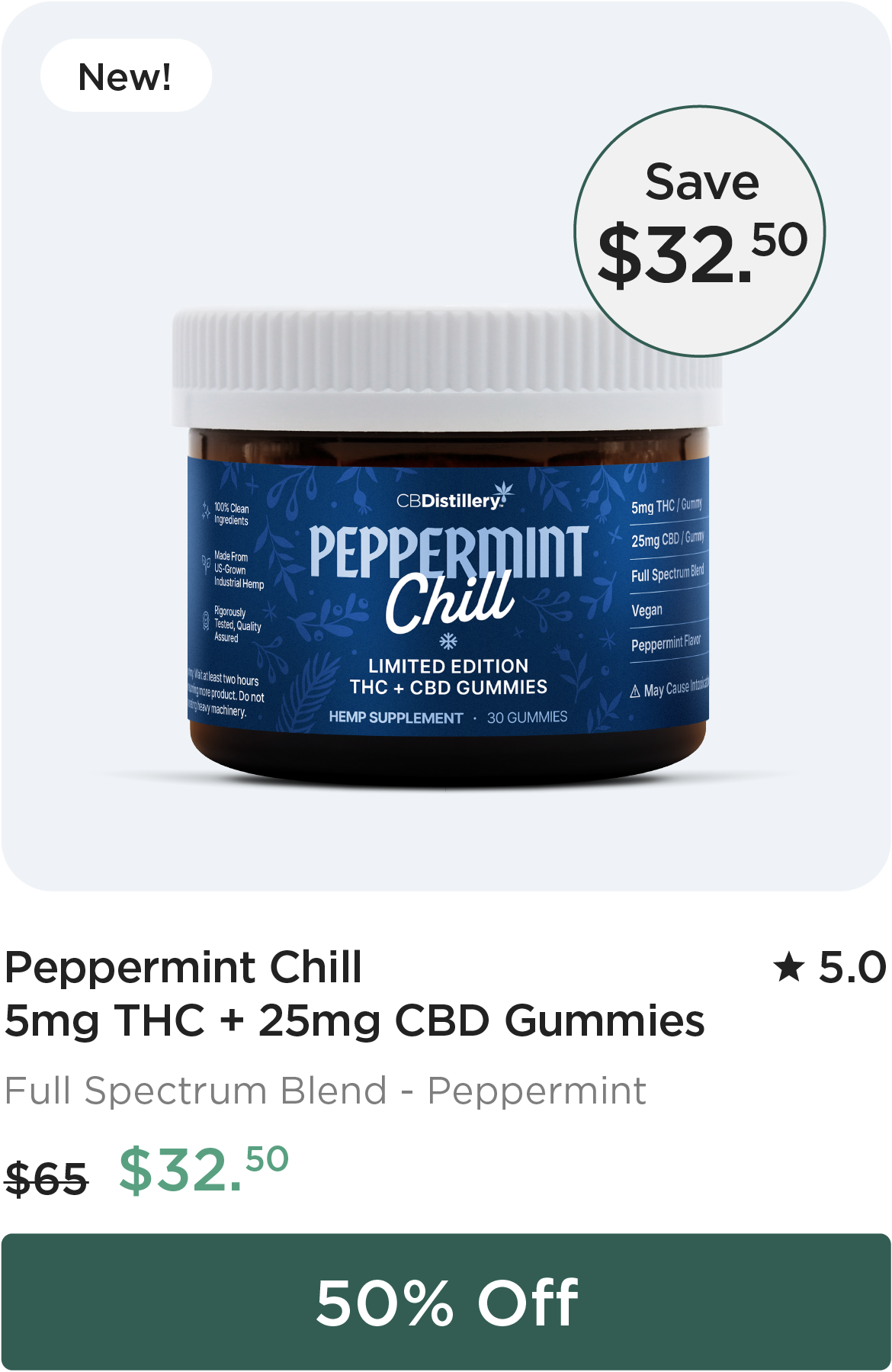Save $32.50 on Peppermint Chill 5mg THC + 25mg CBD Gummies. Originally $65; now $32.50. 50% Off