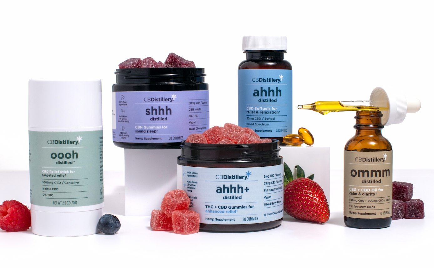 [image: CBDistillery's 1000mg CBD Targeted Relief Stick and 500mg CBD Soothing Relief Balm sit on a counter between flowers and lime slices.]