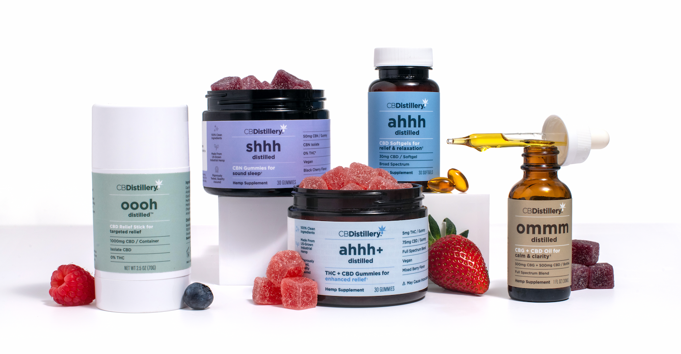 [image: CBDistillery's 1000mg CBD Targeted Relief Stick and 500mg CBD Soothing Relief Balm sit on a counter between flowers and lime slices.]