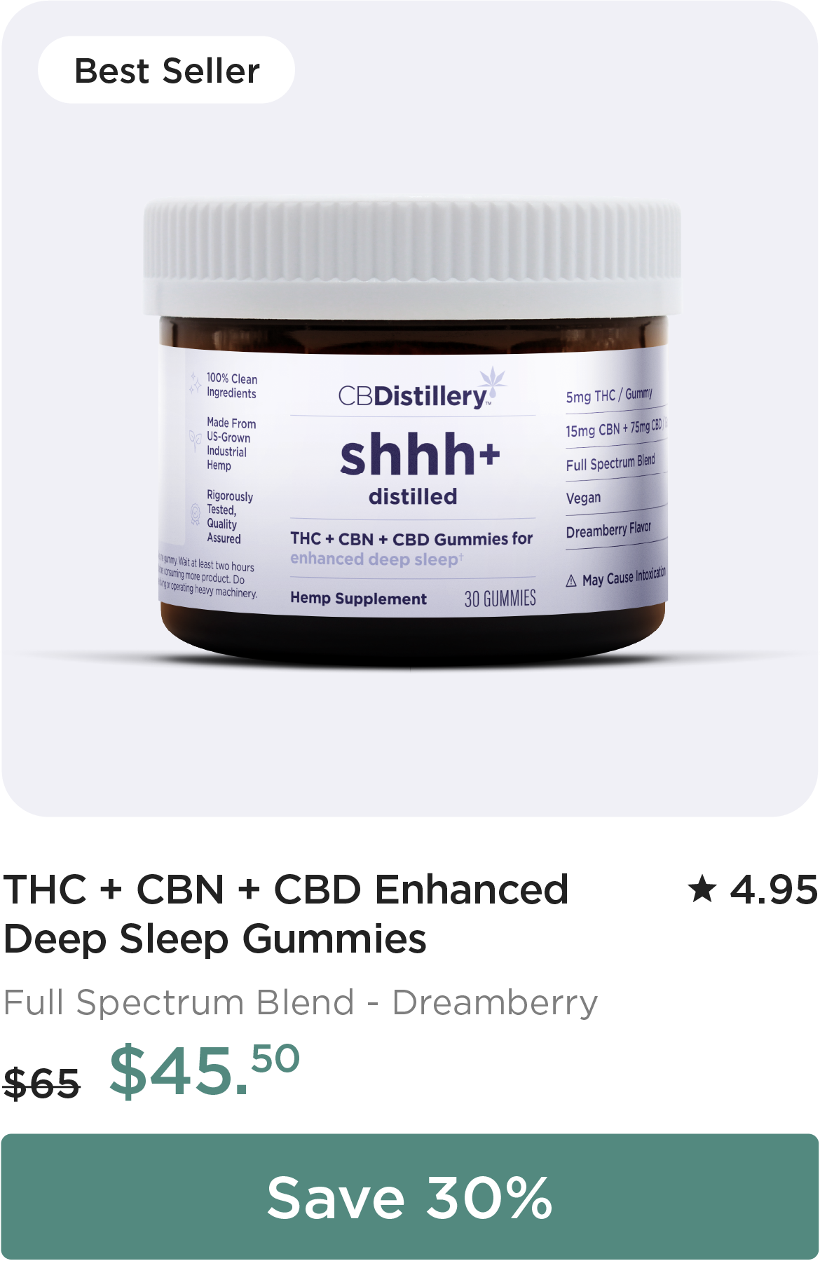THC + CBN + CBD Enhanced Deep Sleep Gummies, originally $65, now $45.50. Save 30%
