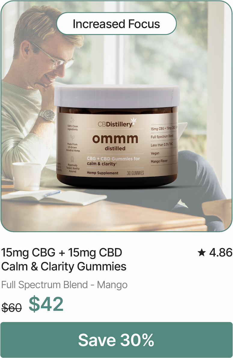 Increased Focus: 15mg CBG + 15mg CBD Calm & Clarity Gummies, originally $60, now $42. Save 30%