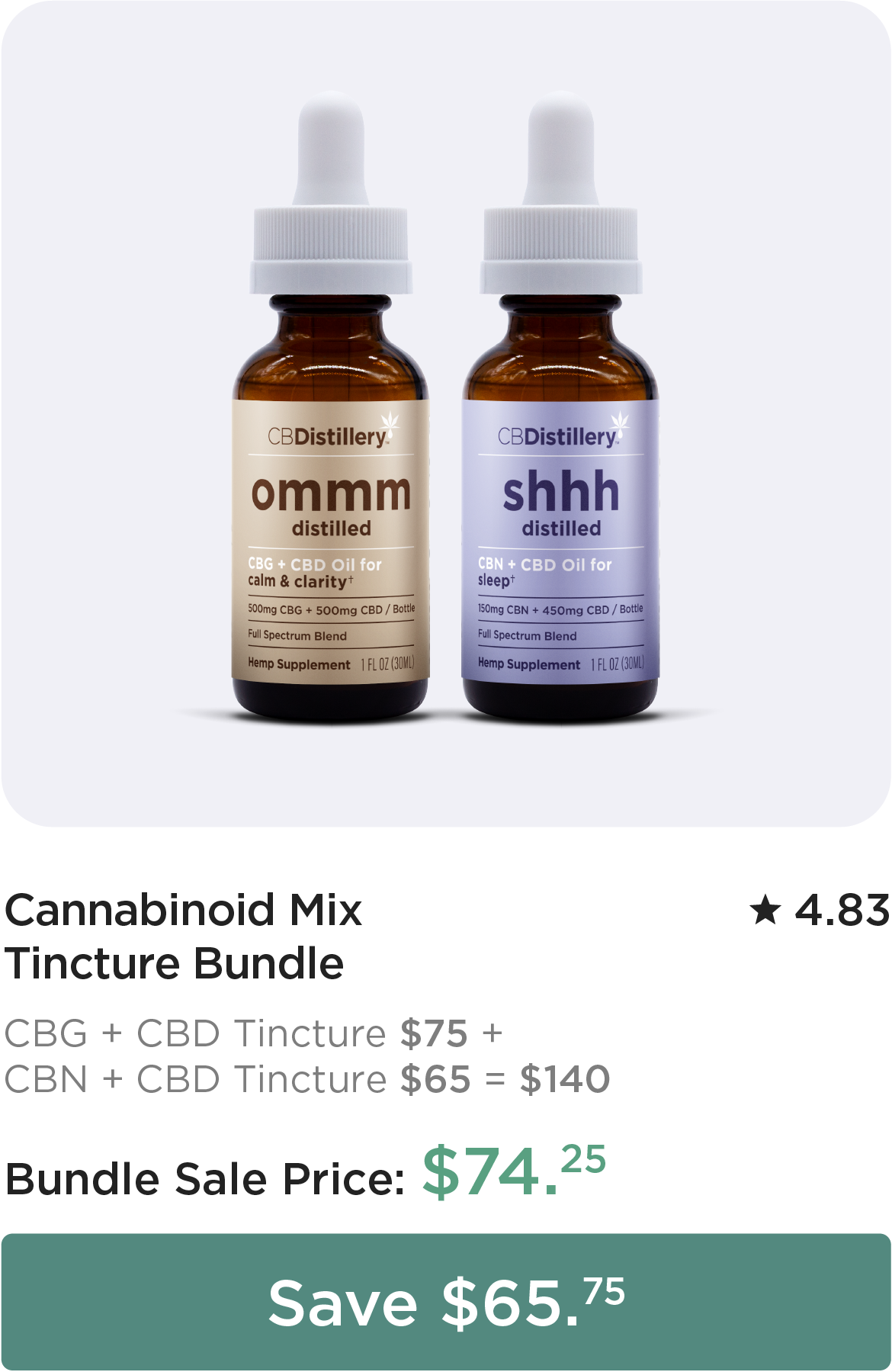 Cannabinoid Mix Tincture Bundle with CBG + CBD Tincture (originally $75) and CBN + CBD Tincture (originally $65). Bundle Sale Price: $74.25. Save $65.75