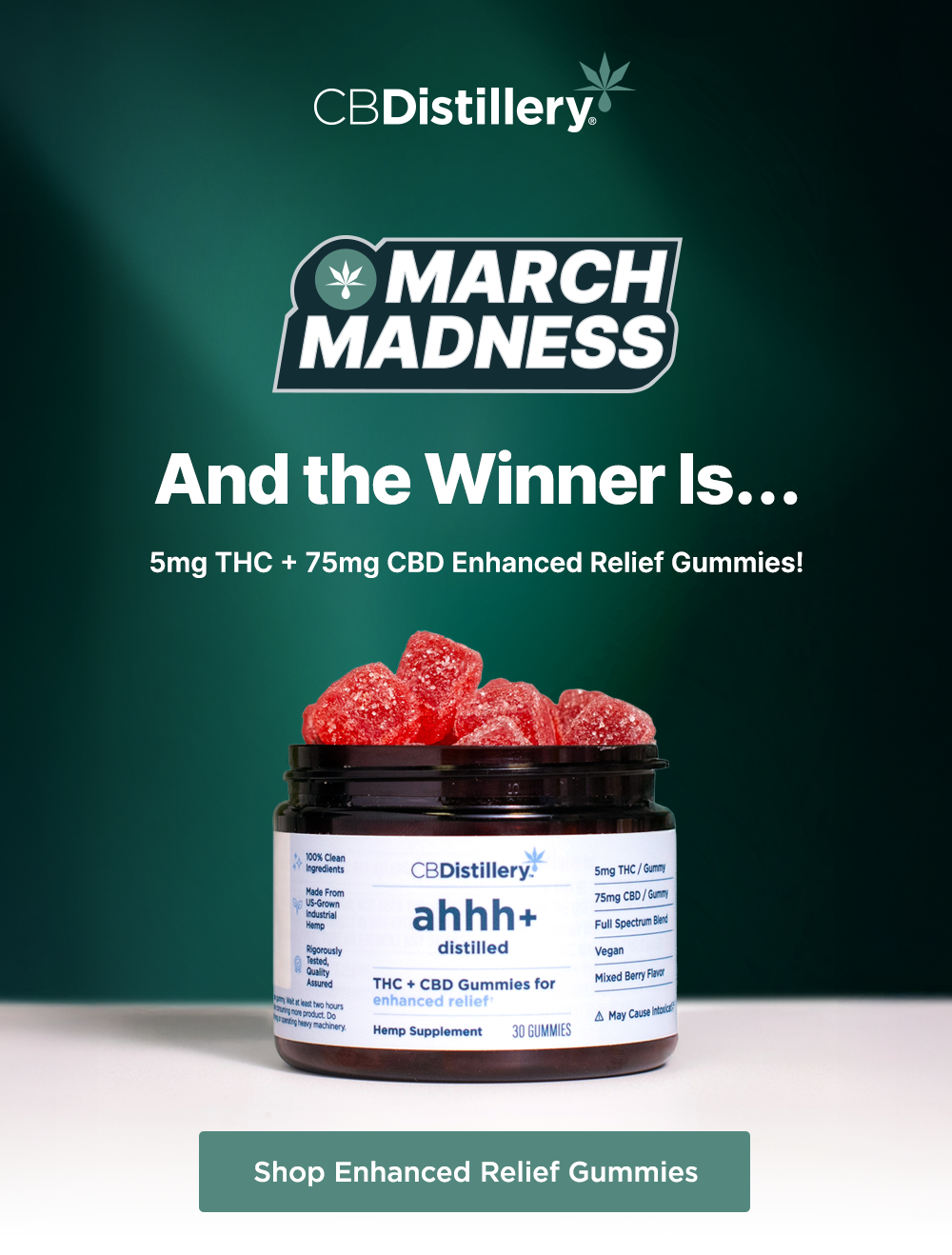 March Madness: And the Winner Is... 5mg THC + 75mg CBD Enhanced Relief Gummies! Shop Enhanced Relief Gummies