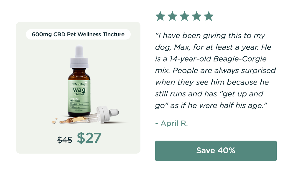600mg CBD Pet Wellness Tincture: originally $45, now $27. "I have been giving this to my dog, Max, for at least a year. He is a 14-year-old Beagle-Corgie mix. People are always surprised when they see him because he still runs and has "get up and go" as if he were half his age." - April R. Save 40%
