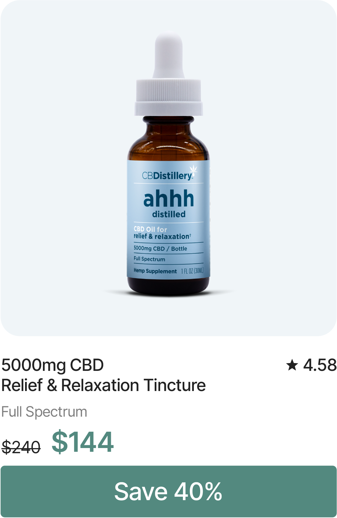 5000mg CBD Relief & Relaxation Tincture, originally $240, now $144. Save 40%