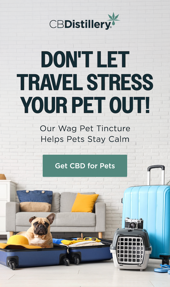 Don't Let Travel Stress Your Pet Out! Our Wag Pet Tincture helps pets stay calm. Get CBD for Pets