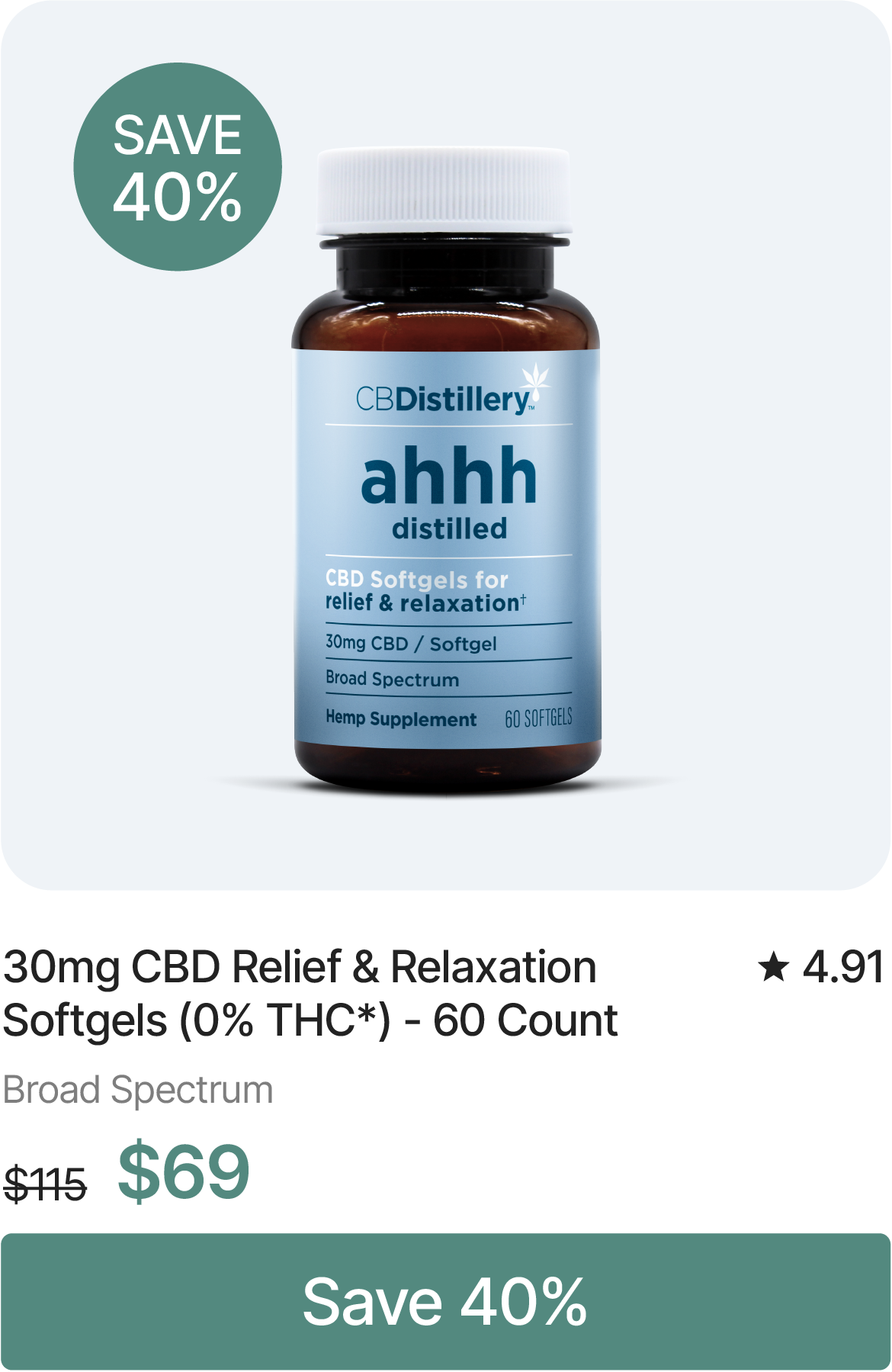 Save 40%! 30mg CBD Relief & Relaxation Softgels (0% THC) - 60 Count, originally $115, now $69. Save 40%