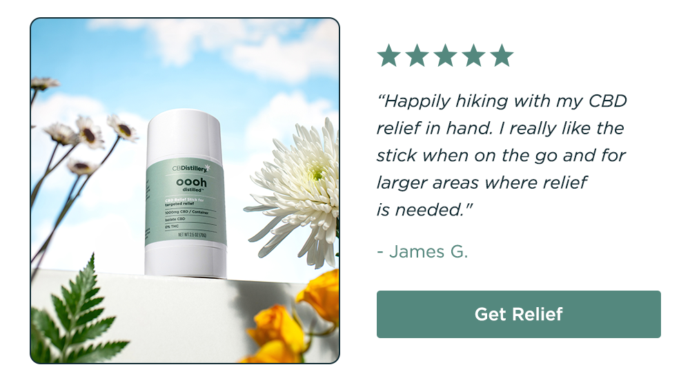 [pictured: 1000mg CBD Targeted Relief Stick (THC-Free)] "Happily hiking with my CBD relief in hand. I really like the stick when on the go and for larger areas where relief is needed." - James G. Get Relief