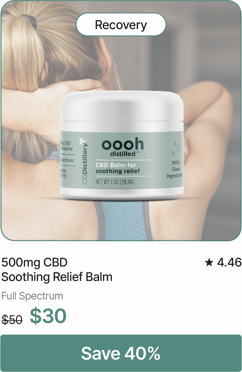 Recovery: 500mg CBD Soothing Relief Balm, originally $50, now $30. Save 40%