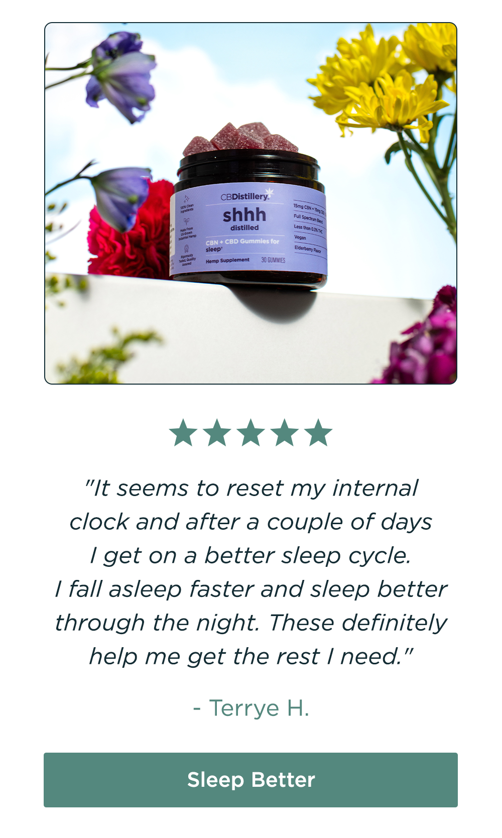[pictured: 15mg CBN + 15mg CBD Sleep Gummies] "It seems to reset my internal clock and after a couple of days I get on a better sleep cycle. I fall asleep faster and sleep better through the night. These definitely help me get the rest I need." - Terry H. Sleep Better