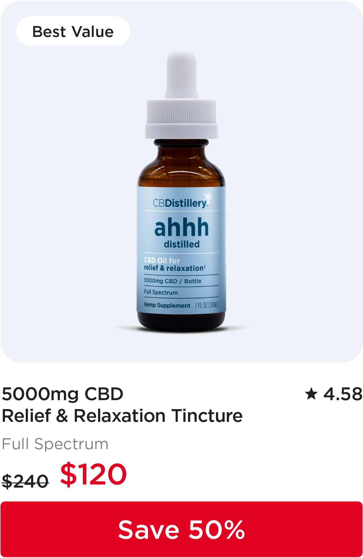 5000mg CBD Relief & Relaxation Tincture, originally $240, now $120. Save 50%