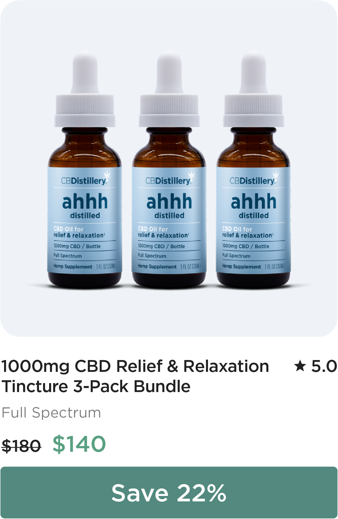 1000mg CBD Relief & Relaxation Tincture 3-Pack Bundle. Individual Price: $180. Bundle Price: $140. Save 22%