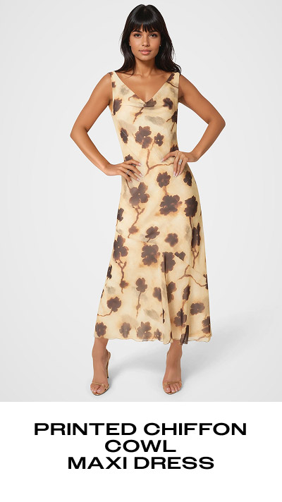 PRINTED CHIFFON COWL MAXI DRESS