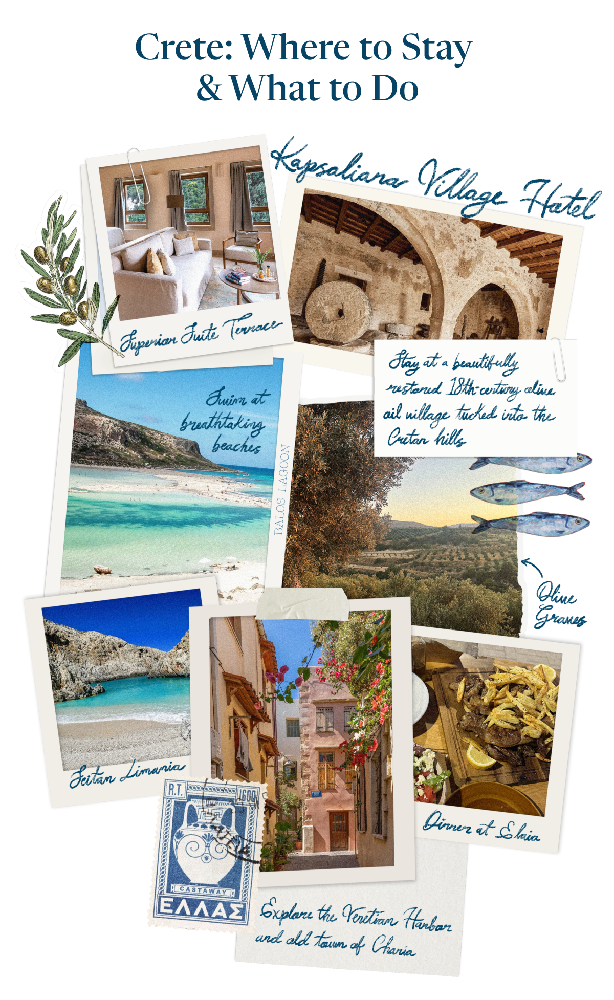 Crete: Where to Stay & What to Do: Kapsaliana Village Hotel; Dinner at Elaia; Explore the Veretian Harbor and old town of Charia