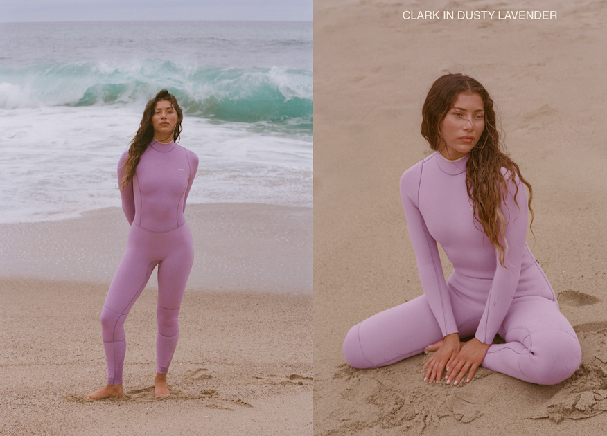 Woman wearing a dusty lavender wetsuit