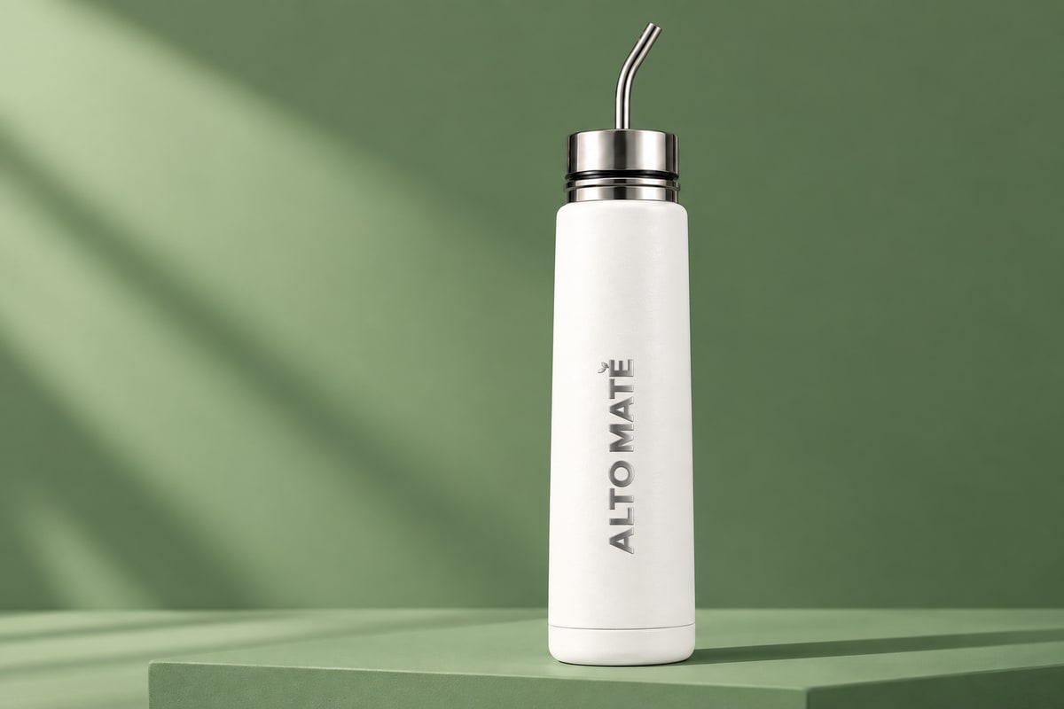 Mate ALTO MATÉ blanco sobre una base y un fondo verde, imagen del flujo de envíos.