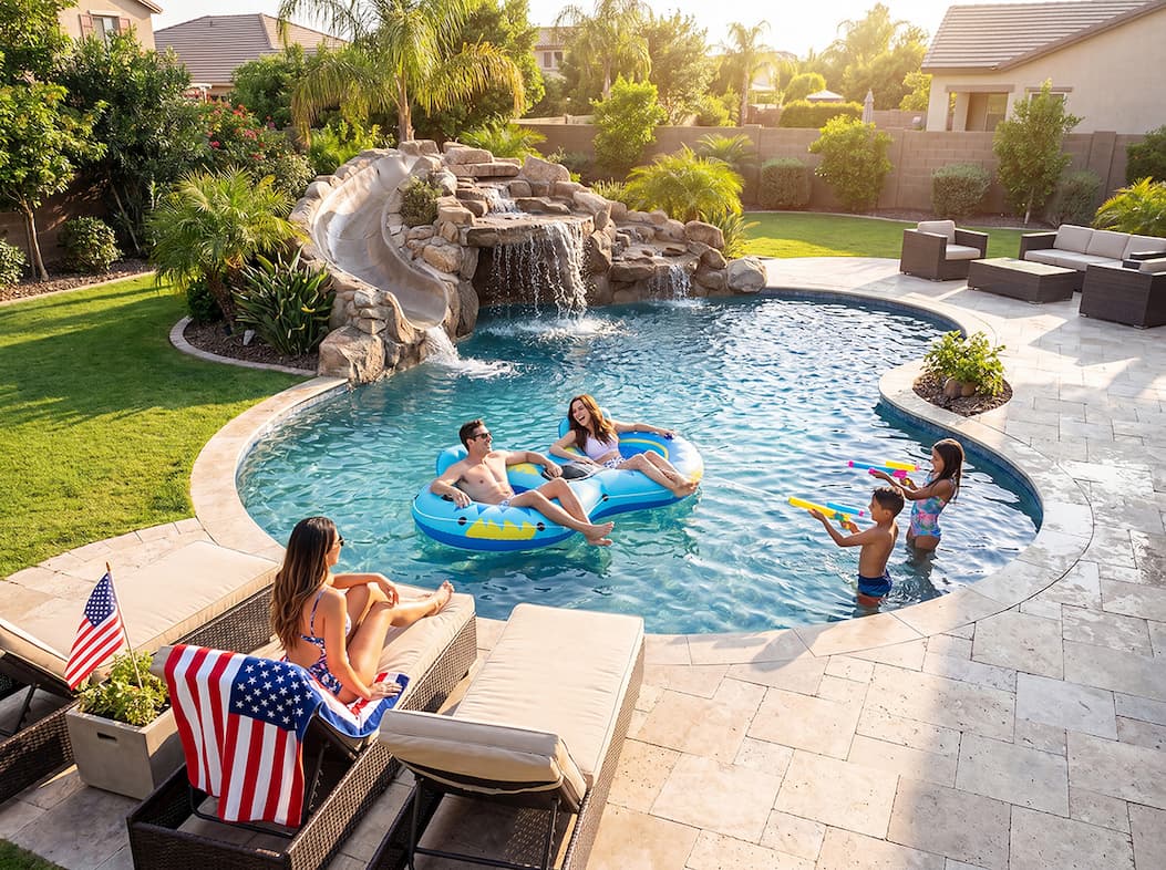 A family celebrating 4th of July at a gorgeous backyard pool with a waterfall slide, floats, and water guns.