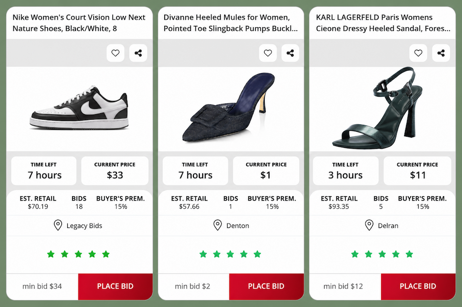 Live shoe auctions at Nellis Auction.