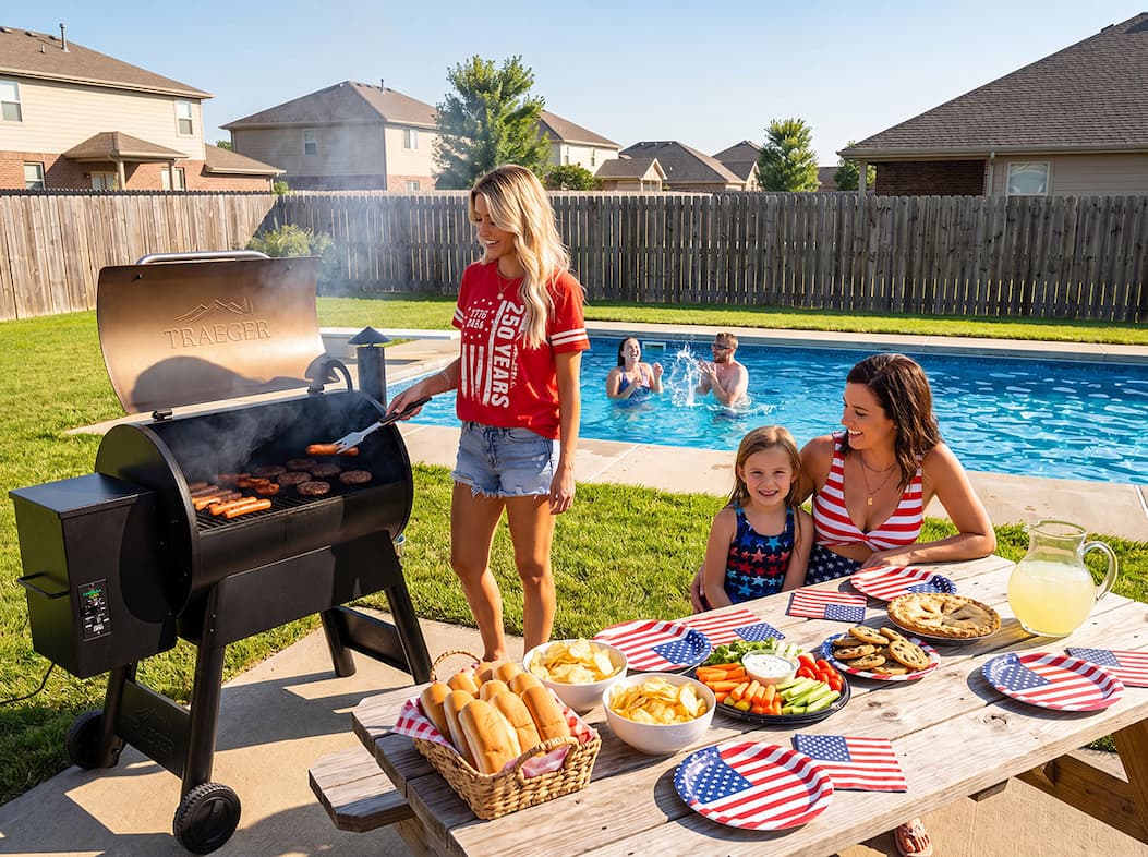 A family grilling on a Traeger at a 4th of July backyard party by the pool.