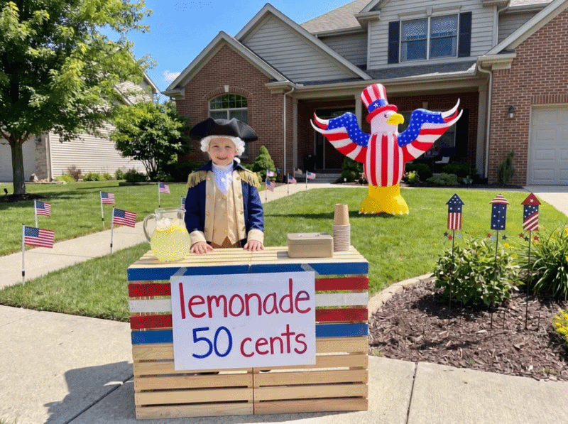 A child dressed as George Washington running a patriotic lemonade stand in a decorated front yard.