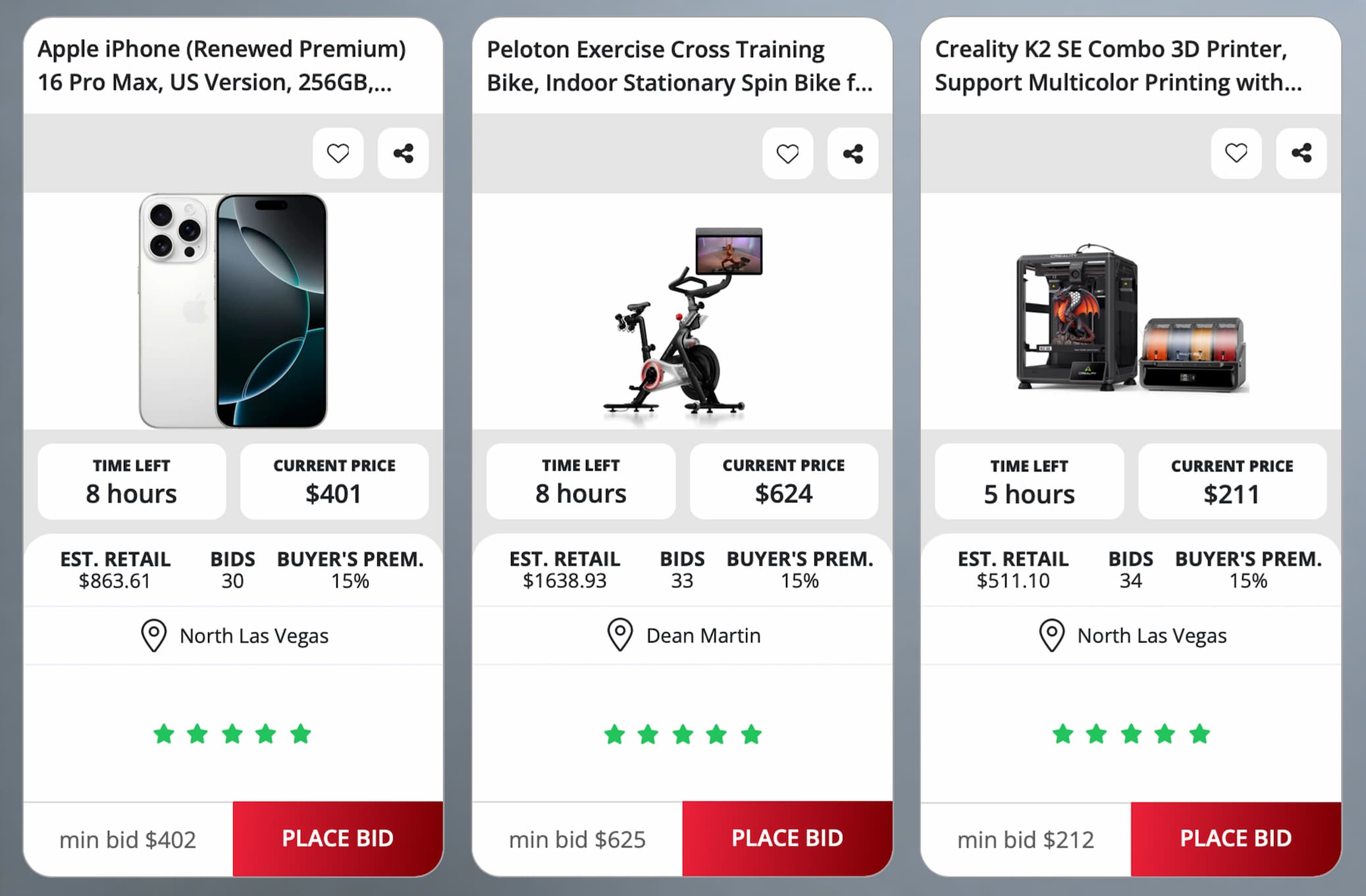 Three live Nellis Auction listings: Apple iPhone 16 Pro Max, Peloton Exercise Bike, and Creality K2 SE 3D Printer.