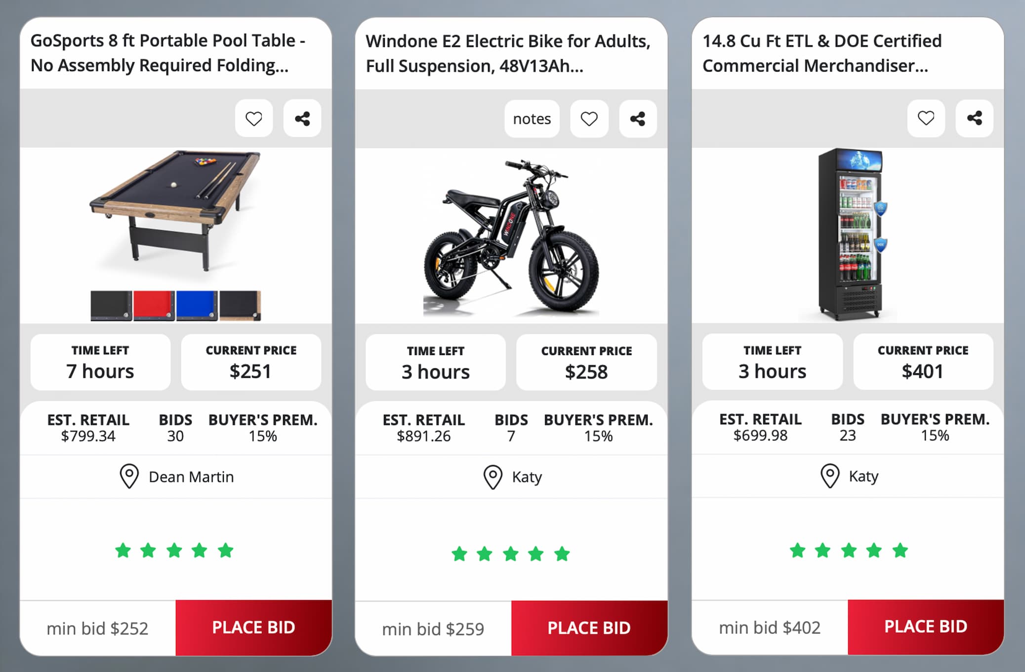 Three live Nellis Auction listings: GoSports 8ft Portable Pool Table, Windone E2 Electric Bike, and 14.8 Cu Ft Commercial Merchandiser Fridge.