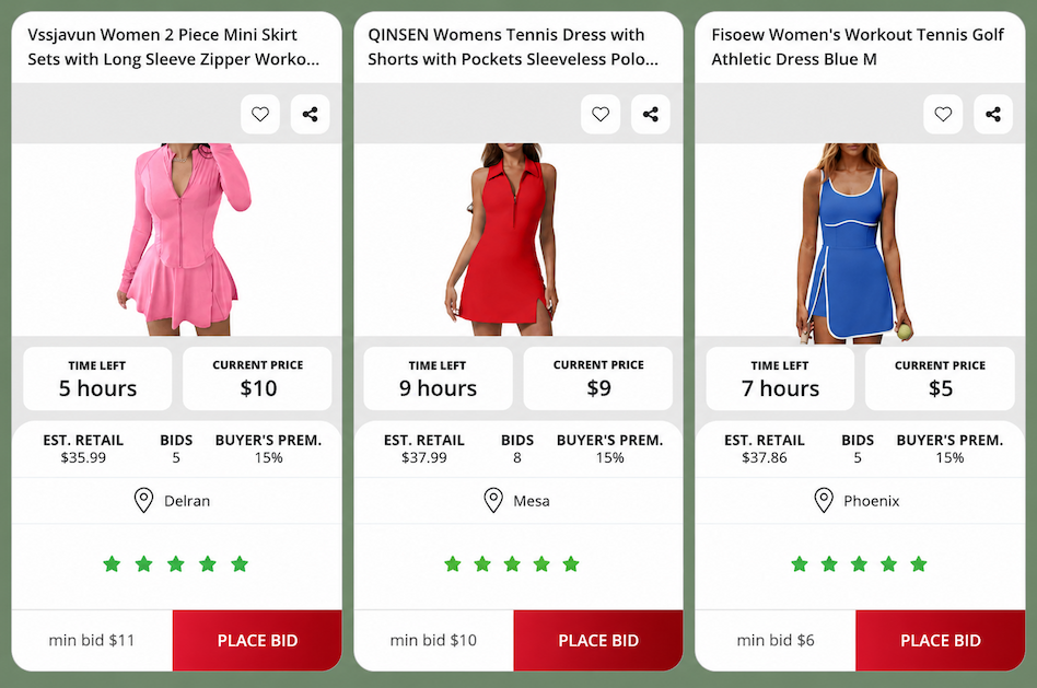 Live tennis apparel auctions at Nellis Auction.