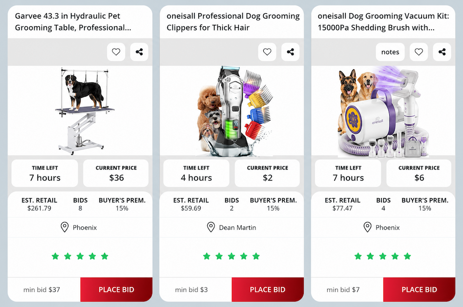 Live pet grooming supply auctions at Nellis Auction.
